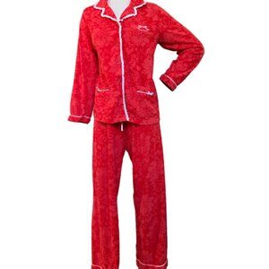 Vera Wang 2-Piece Floral Pajama Set Soft Fleece White Ruffle Accent L Red #32J